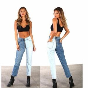 REVICE Two-Tone Straight Leg Jeans — Light & Medium Blue